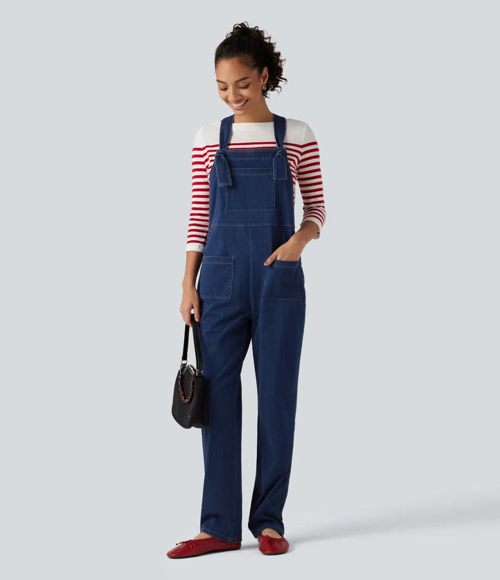 Lyckera Flex denim fyrkantig halsringning ärmlös avsmalnande vardaglig jumpsuit med fickor