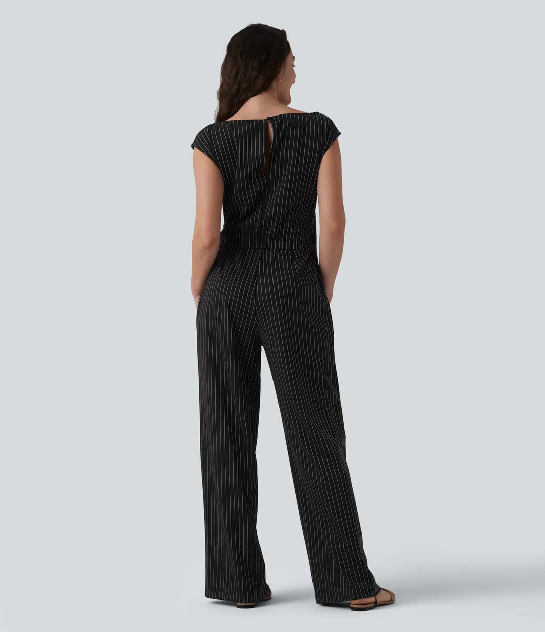 Båtringad ärmlös knytning i sidan sval känsla randig arbetsjumpsuit med fickor-Easy Peezy Edition
