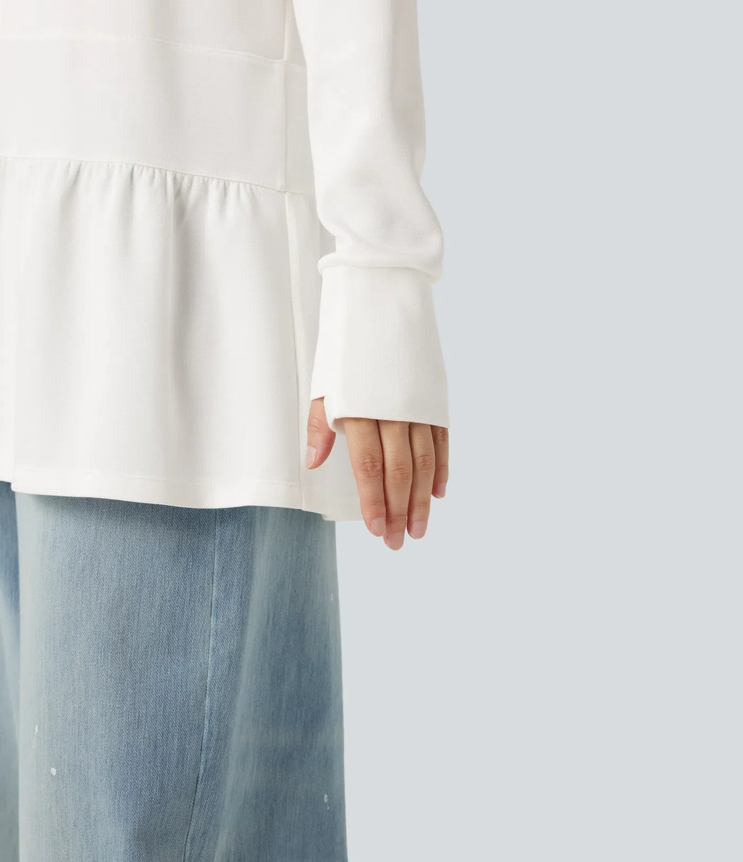 Rund hals långärmad tumhål volangfåll vardaglig sweatshirt