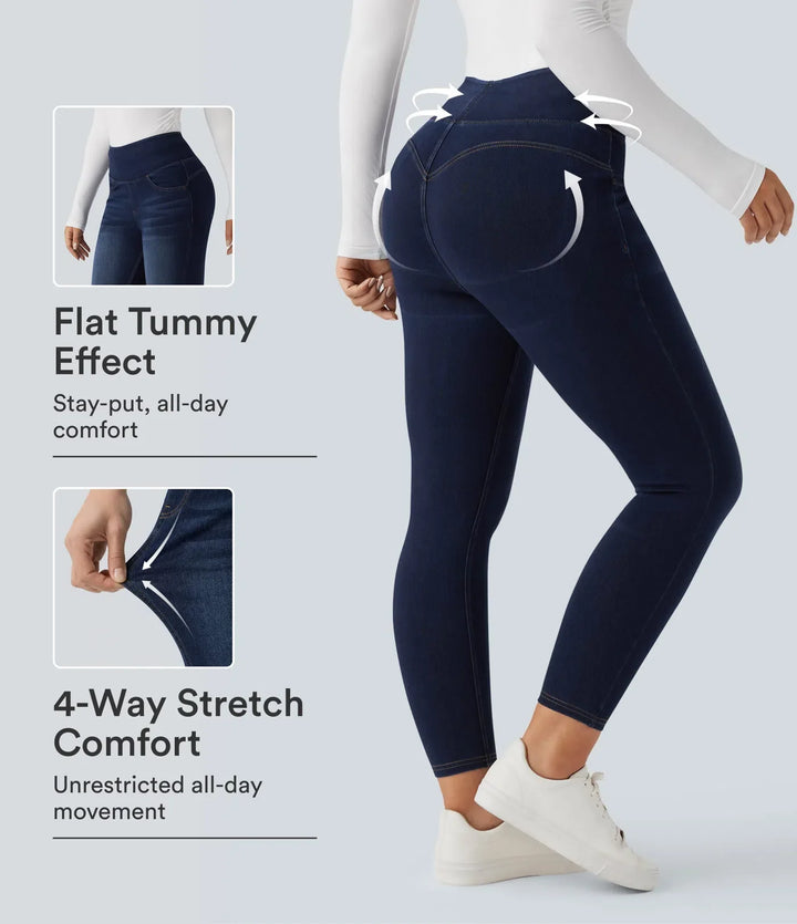 Lyckera Flex högmidjad magkontroll rumplyftande denim vardagsleggings med fickor