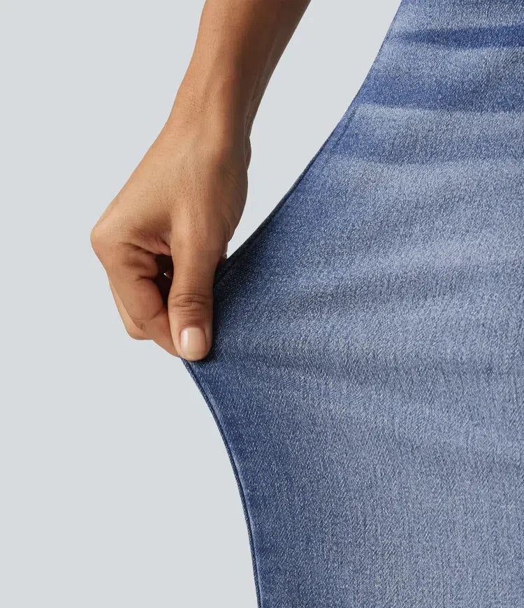 Med hög midja raka ben vardagsjeans med fickor