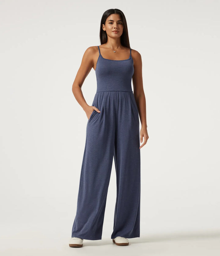 U-ringad ärmlös inbyggd BH rynkat baggy vardaglig jumpsuit med fickor-Easy Peezy Edition