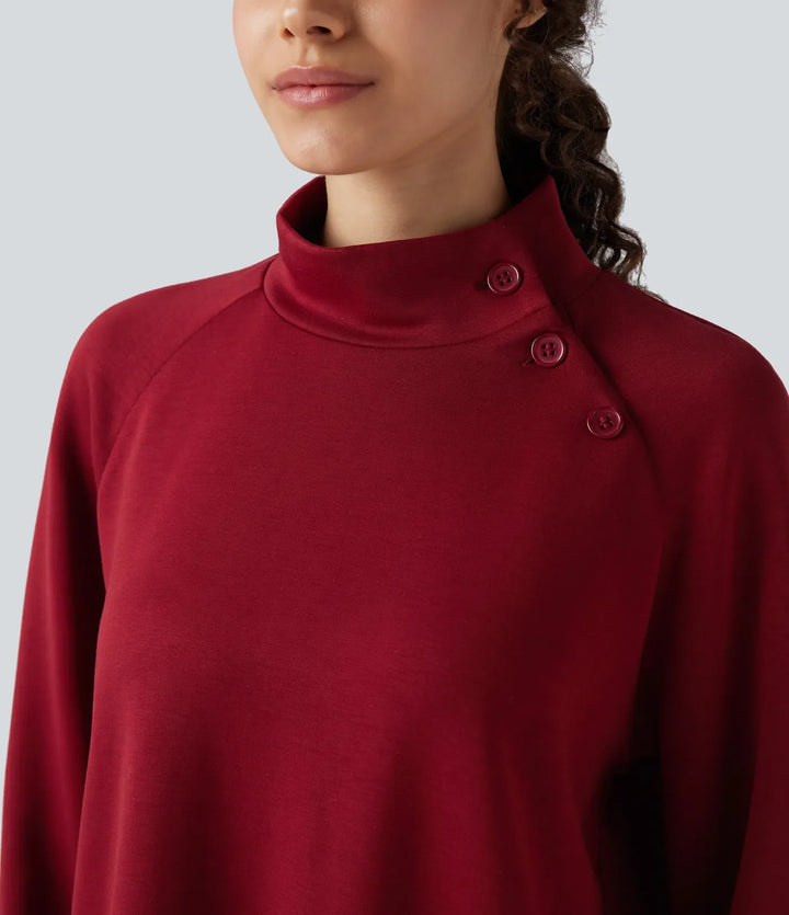 Halvpolo långärmad slits hög-låg avslappnad vardaglig sweatshirt