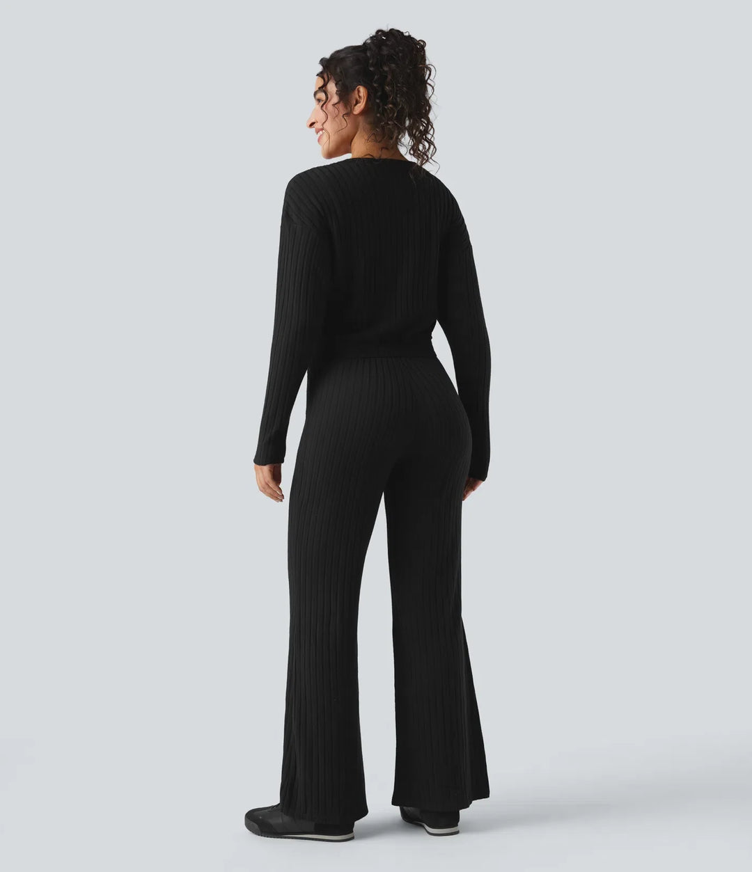 Ribbstickad V-ringad långärmad vardaglig jumpsuit-Easy Peezy