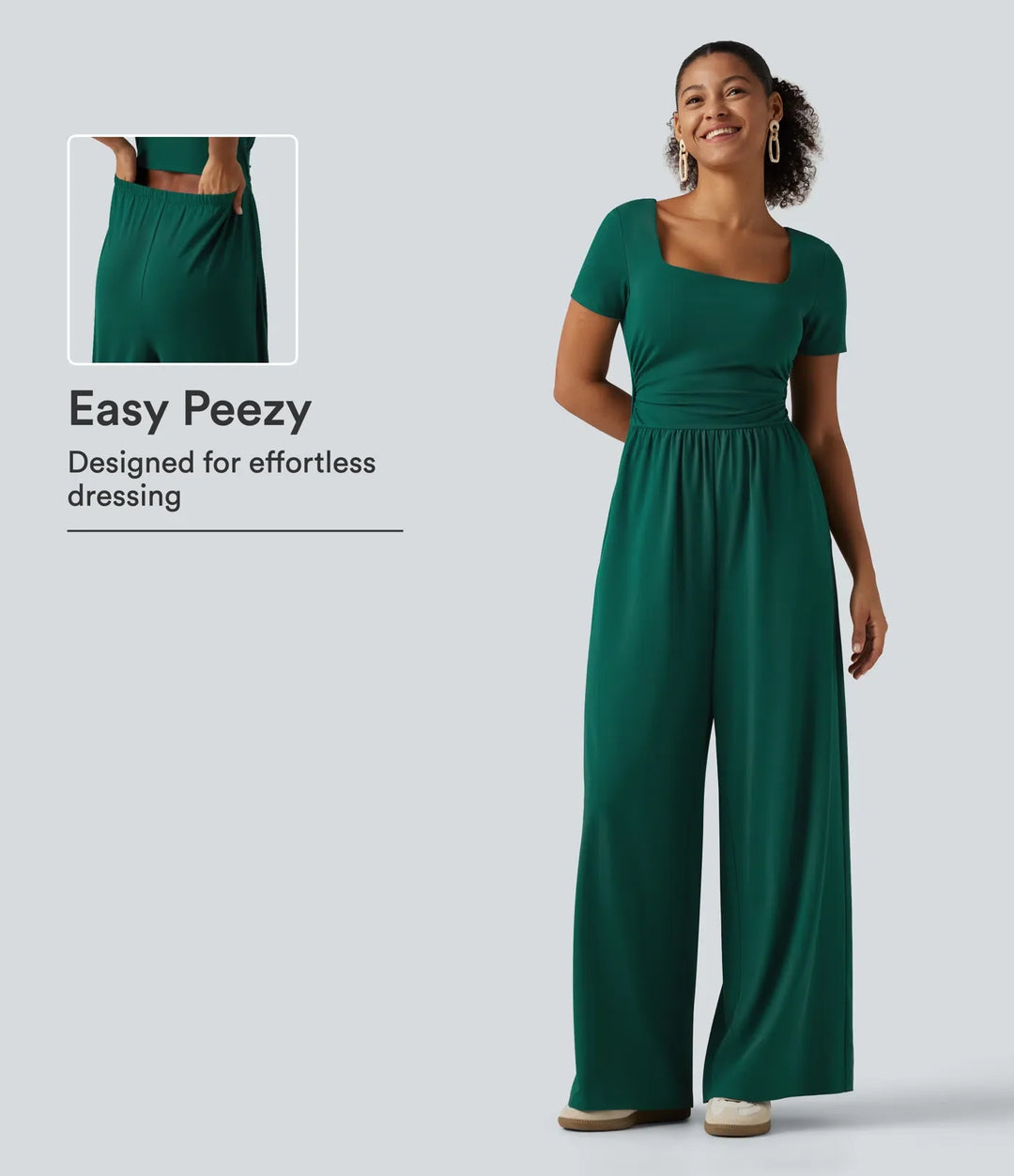 Fyrkantig halsringning kortärmad vida ben vardaglig jumpsuit med fickor - Easy Peezy Edition