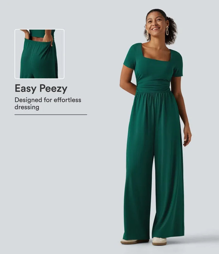 Fyrkantig halsringning kortärmad vida ben vardaglig jumpsuit med fickor - Easy Peezy Edition