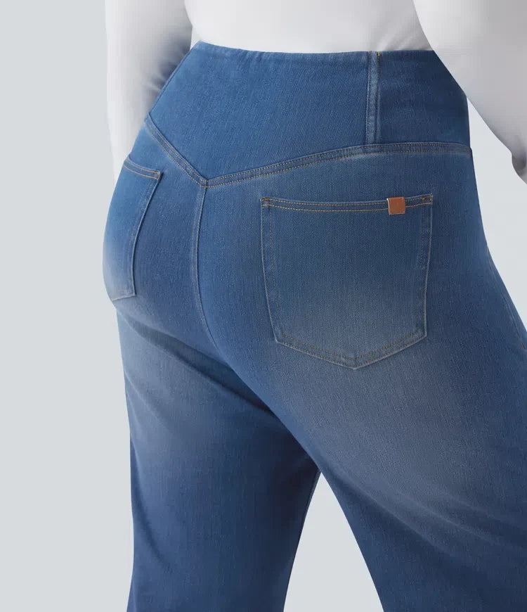 Lyckera Flex crossover högmidjad magkontroll vardaglig raka ben plusstorlek jeans med fickor