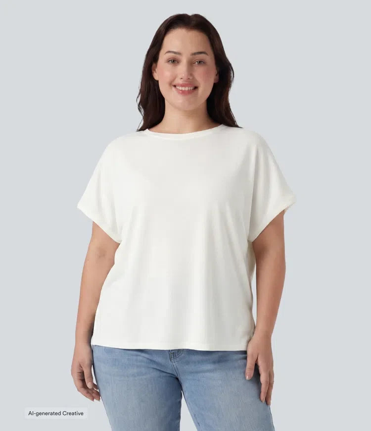 Plusstorlek rund halsringning fladdermus ärm avslappnad T-shirt för vardag