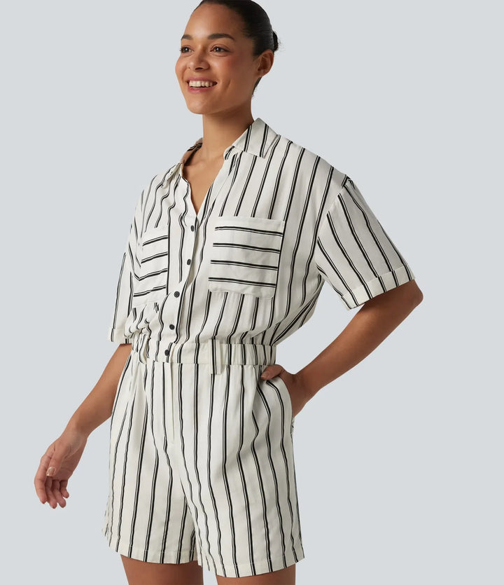 Kortärmad randig vardaglig skjorta playsuit med fickor