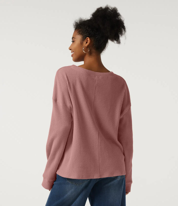Rund hals långärmad nedhasad våffelstruktur vardaglig sweatshirt med ficka