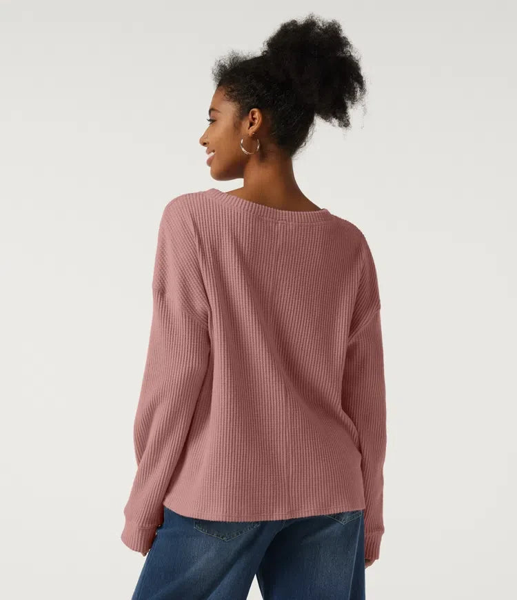 Rund hals långärmad nedhasad våffelstruktur vardaglig sweatshirt med ficka