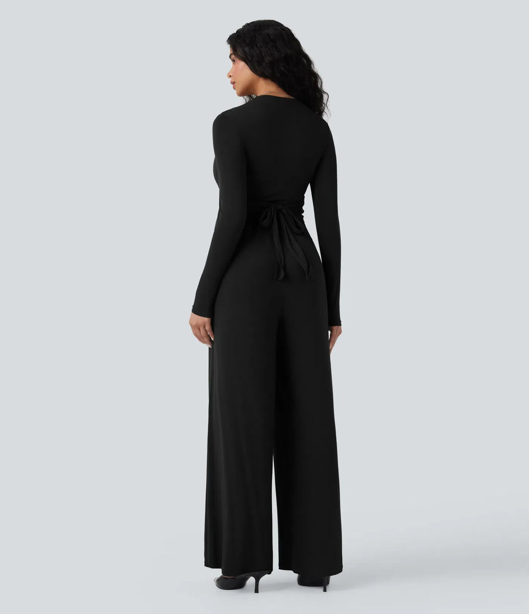 Ribbad V-ringad omlott knytning i ryggen långärmad vida ben vardaglig jumpsuit med fickor-Easy Peezy Edition