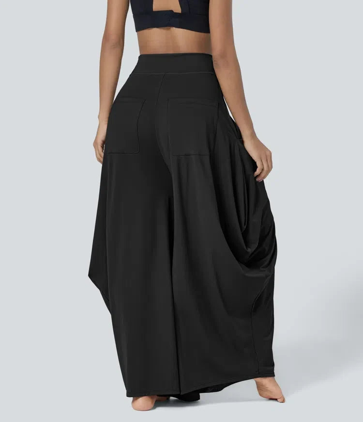Med medelhög midja fickor draperad vida ben baggy vardagsbyxor