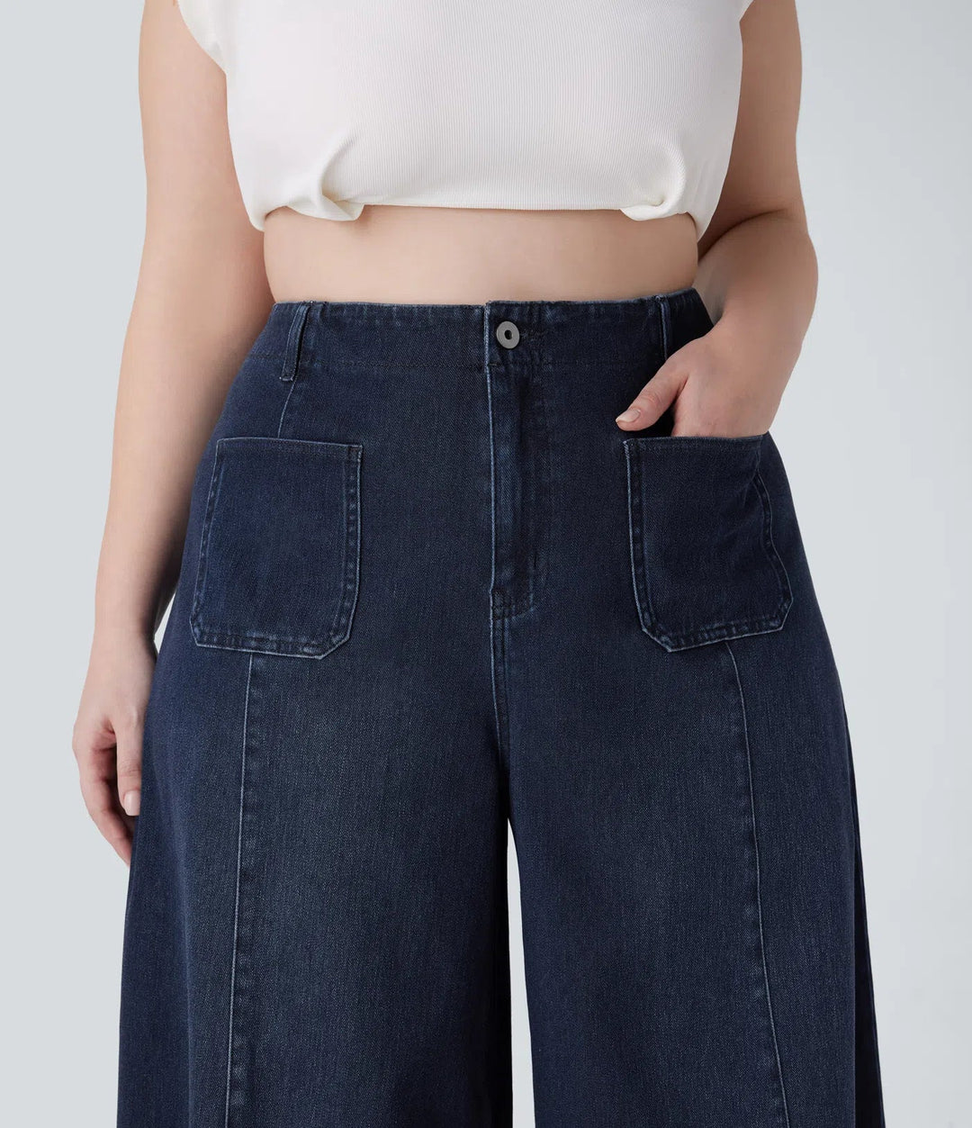 Halara Flex med hög midja och fickor tvättad för vardag vida ben jeans i plusstorlek