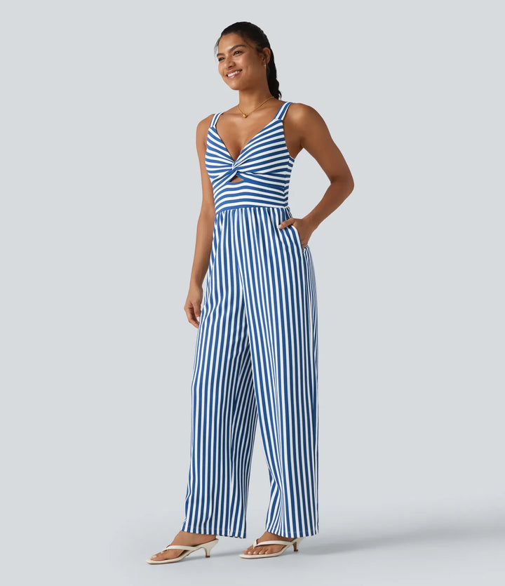 Ärmlös vriden smockad dold dragkedja inbyggd BH ränder våffelstruktur vardaglig jumpsuit med fickor-Easy Peezy