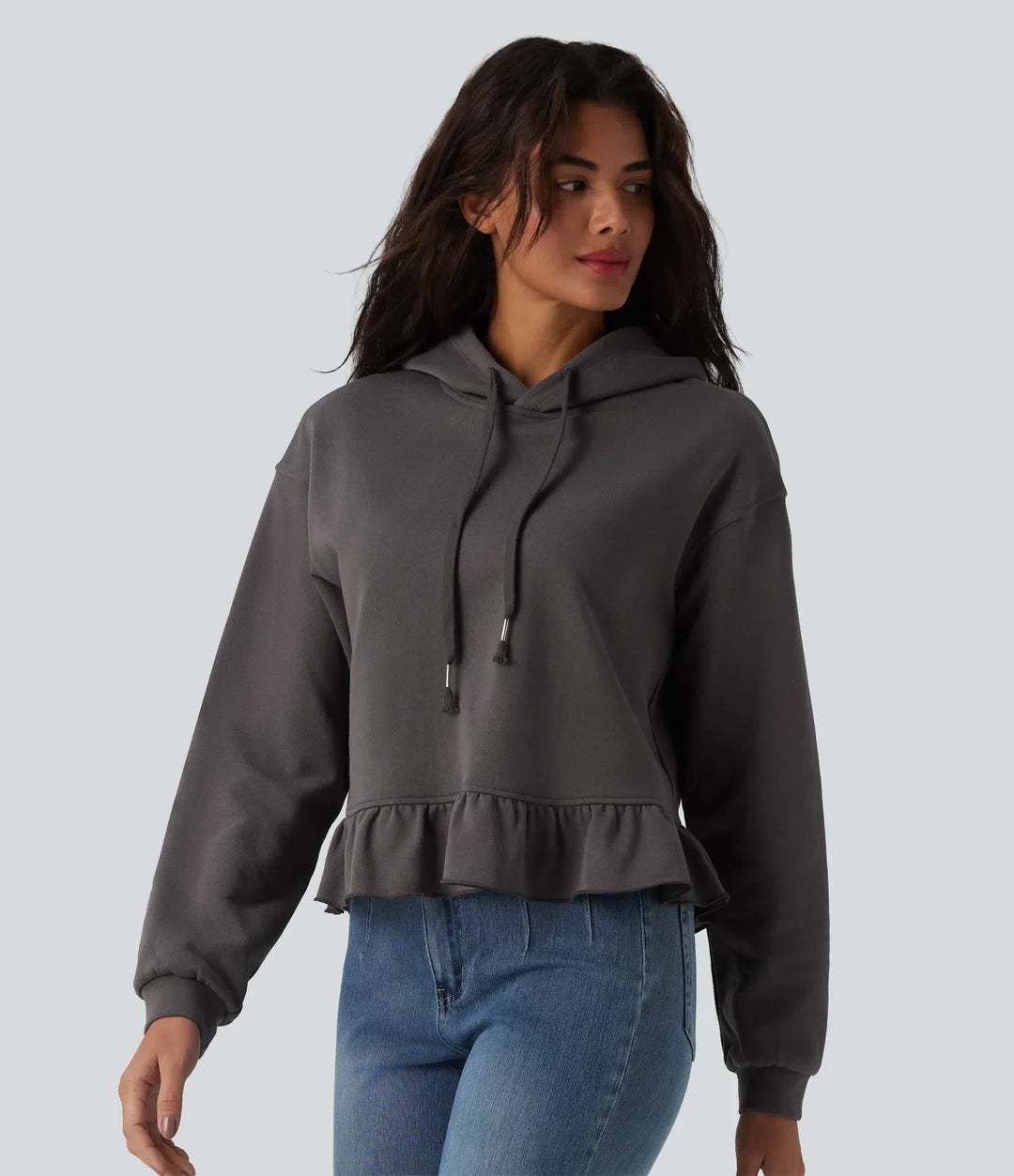 Med huva dragsko långärmad volangfåll vardaglig bomull sweatshirt