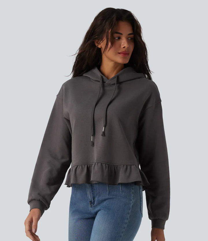 Med huva dragsko långärmad volangfåll vardaglig bomull sweatshirt