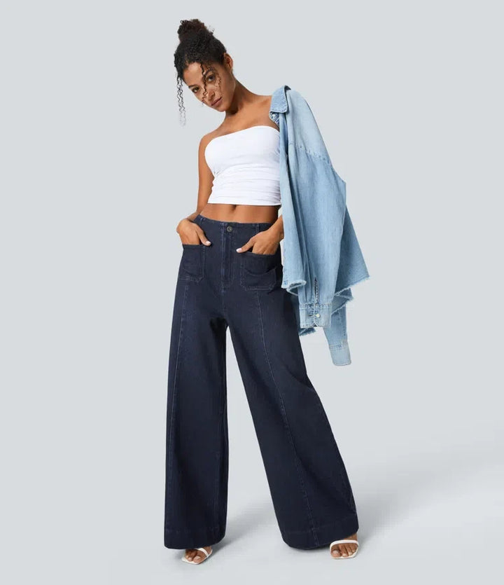 Lyckera Flex högmidjad fickor tvättad vardagsjeans med vida ben