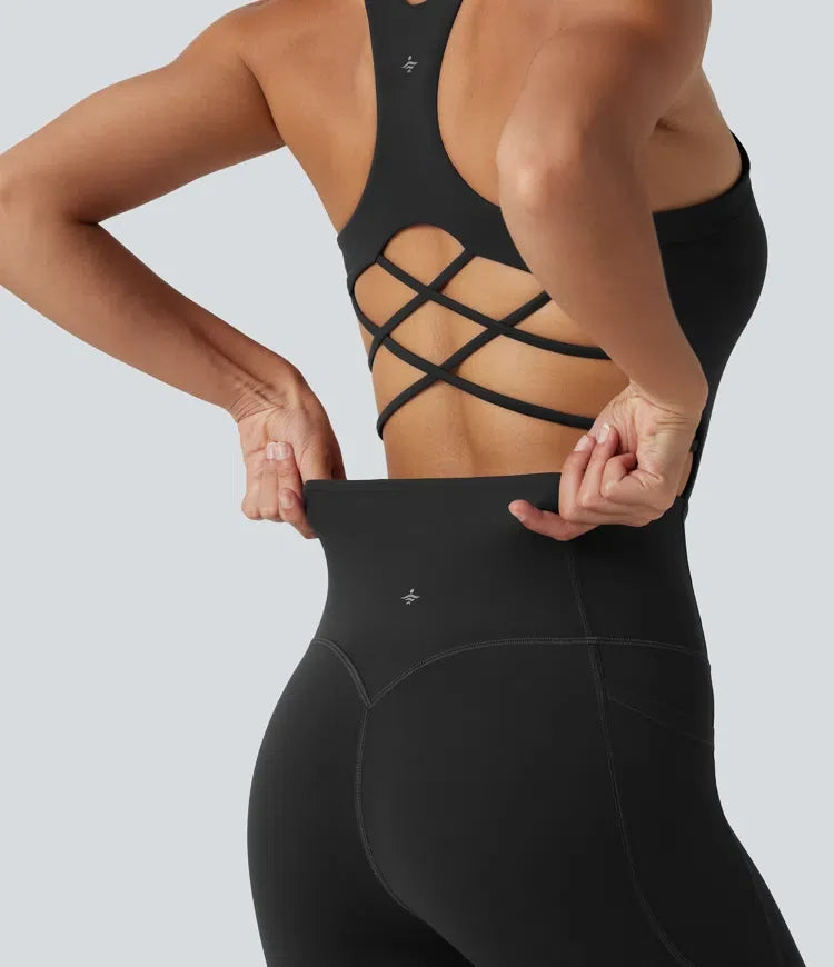 Halara UltraSculpt inbyggd bh magkontroll träning jumpsuit med fickor – Easy Peezy-utgåva