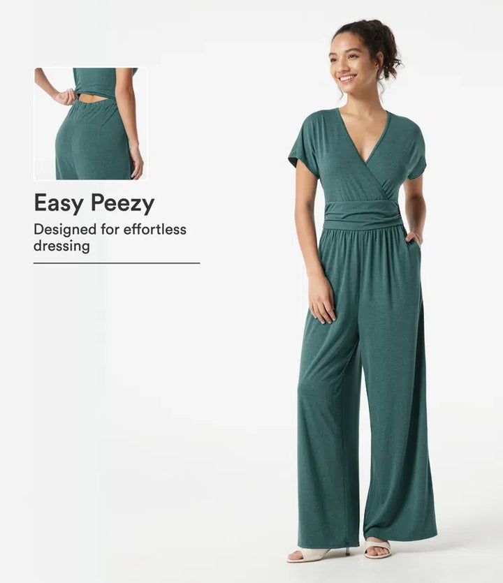 V-ringad fladdermusärm rynkat vardaglig jumpsuit med fickor-Easy Peezy Edition