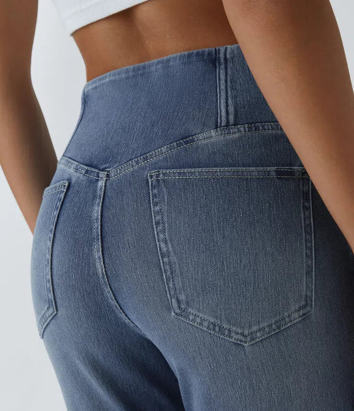 Lyckera Flex högmidjad crossover ficka tvättad vardaglig utsvängd jeans