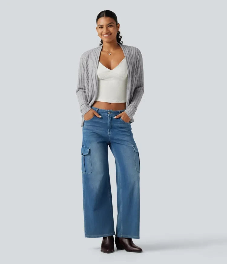 Ribbstickad öppen front lång fladdermusärm vardaglig cardigan