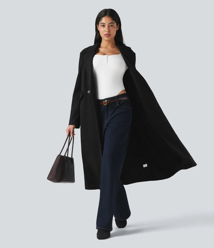 Notchkrage långärmad lång modell fleece vardaglig kappa med fickor