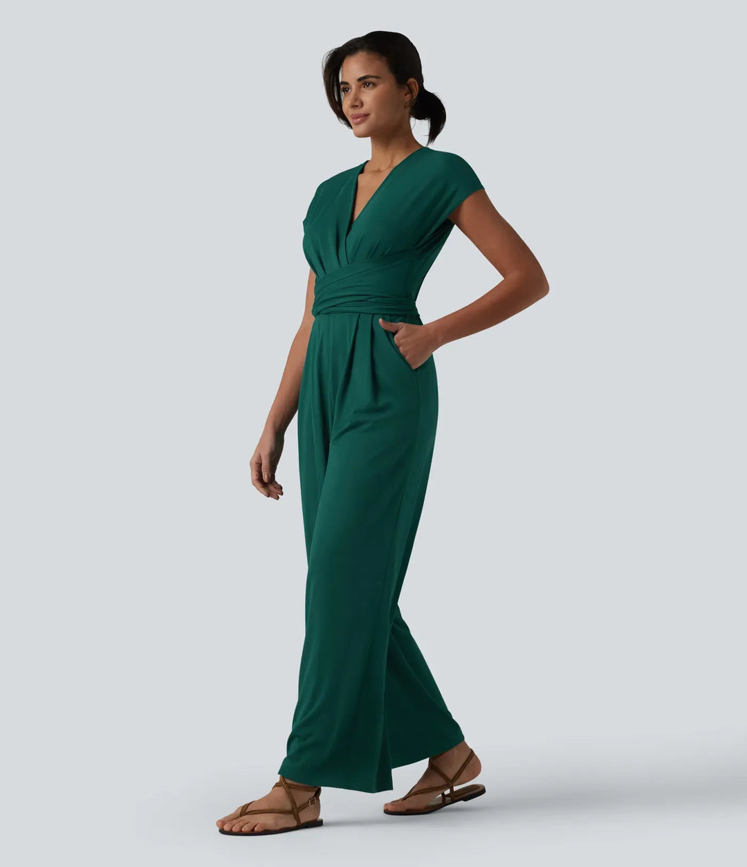 V-ringad kortärmad crossover knyt veckad arbetsjumpsuit med fickor-Easy Peezy