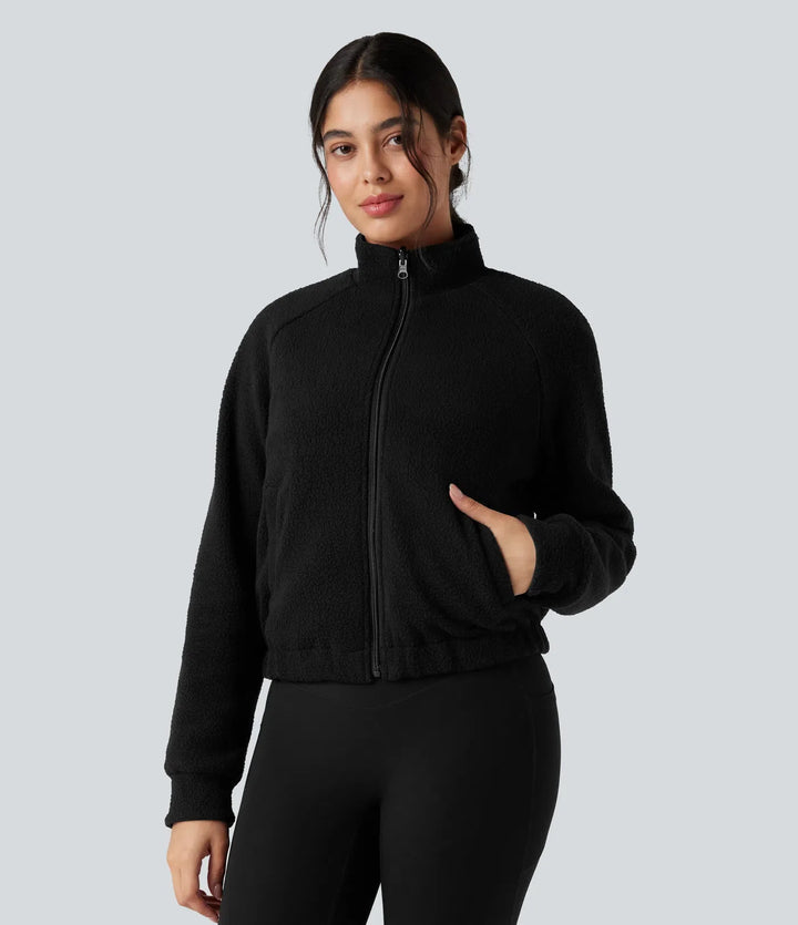 Vändbar hög hals långärmad fleece vandringsjacka med fickor (två looks i en)