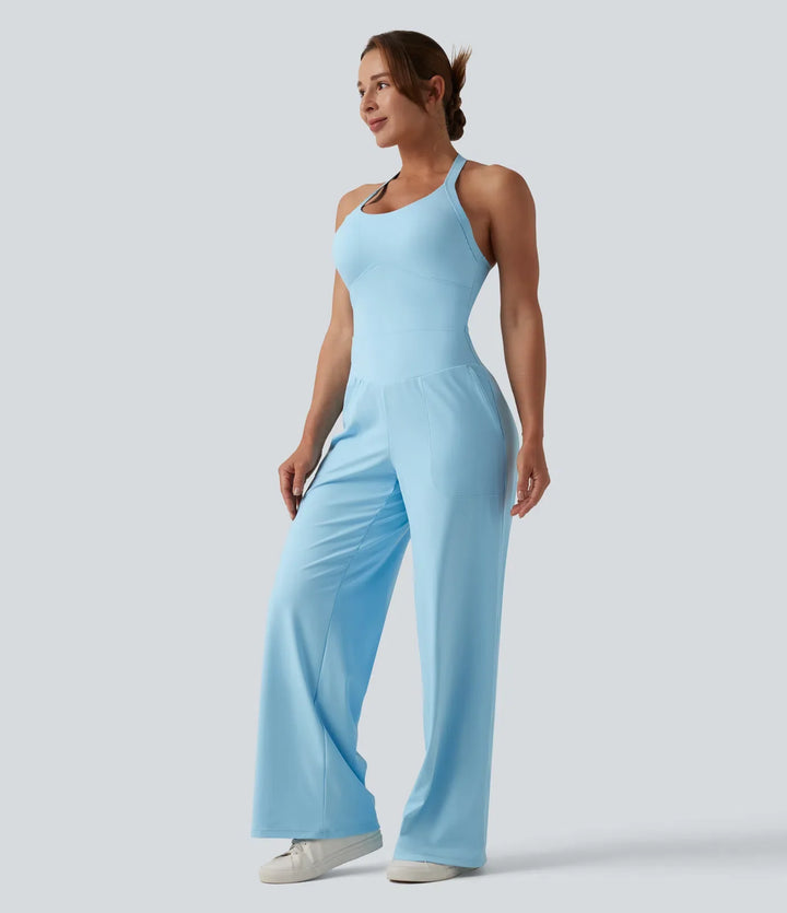 SoftlyZero luftig halterneck InstantCool vardaglig jumpsuit med fickor-Easy Peezy Edition
