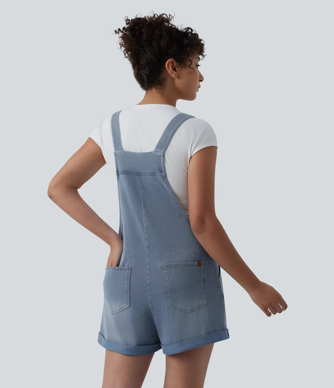 Lyckera Flex fyrkantig halsringning upprullad fåll denim vardaglig kort overall med fickor