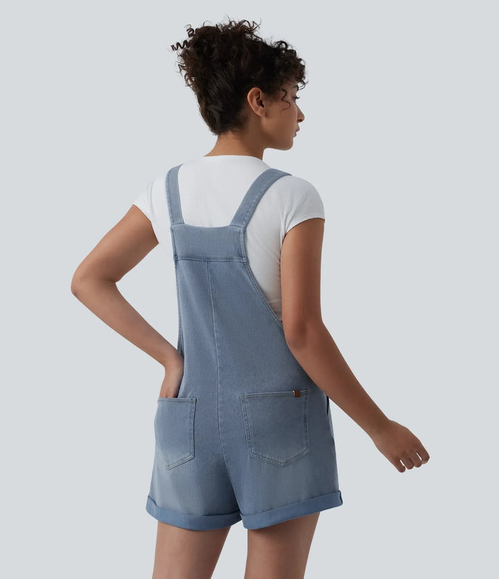 Lyckera Flex fyrkantig halsringning upprullad fåll denim vardaglig kort overall med fickor