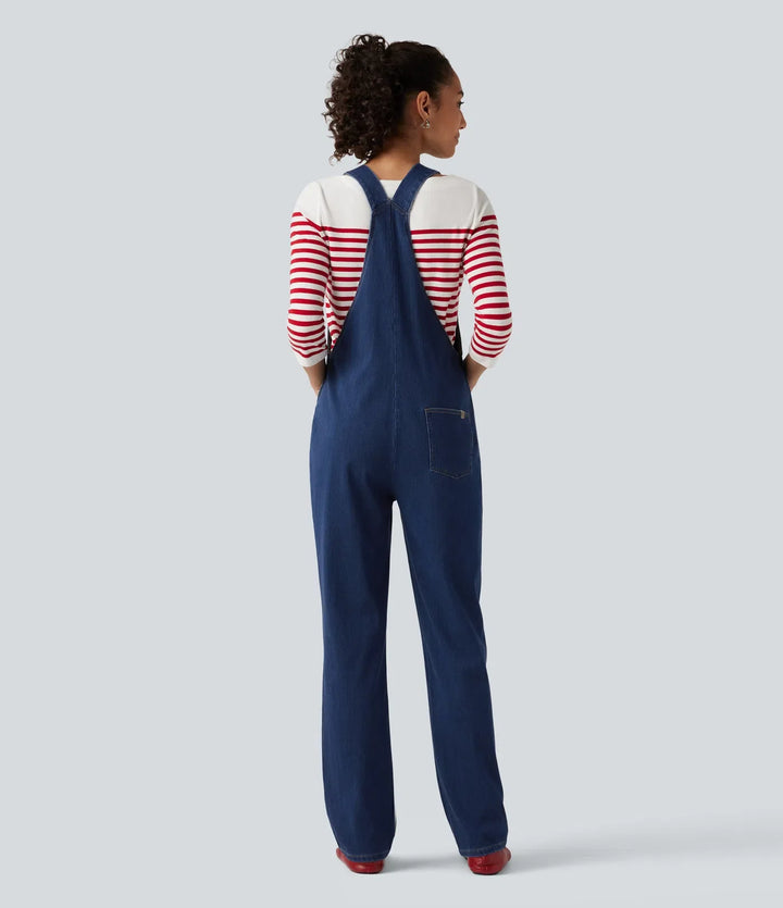 Lyckera Flex denim fyrkantig halsringning ärmlös avsmalnande vardaglig jumpsuit med fickor