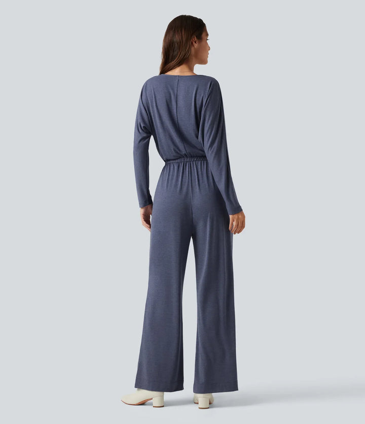 V-ringad långärmad arbetsjumpsuit med fickor