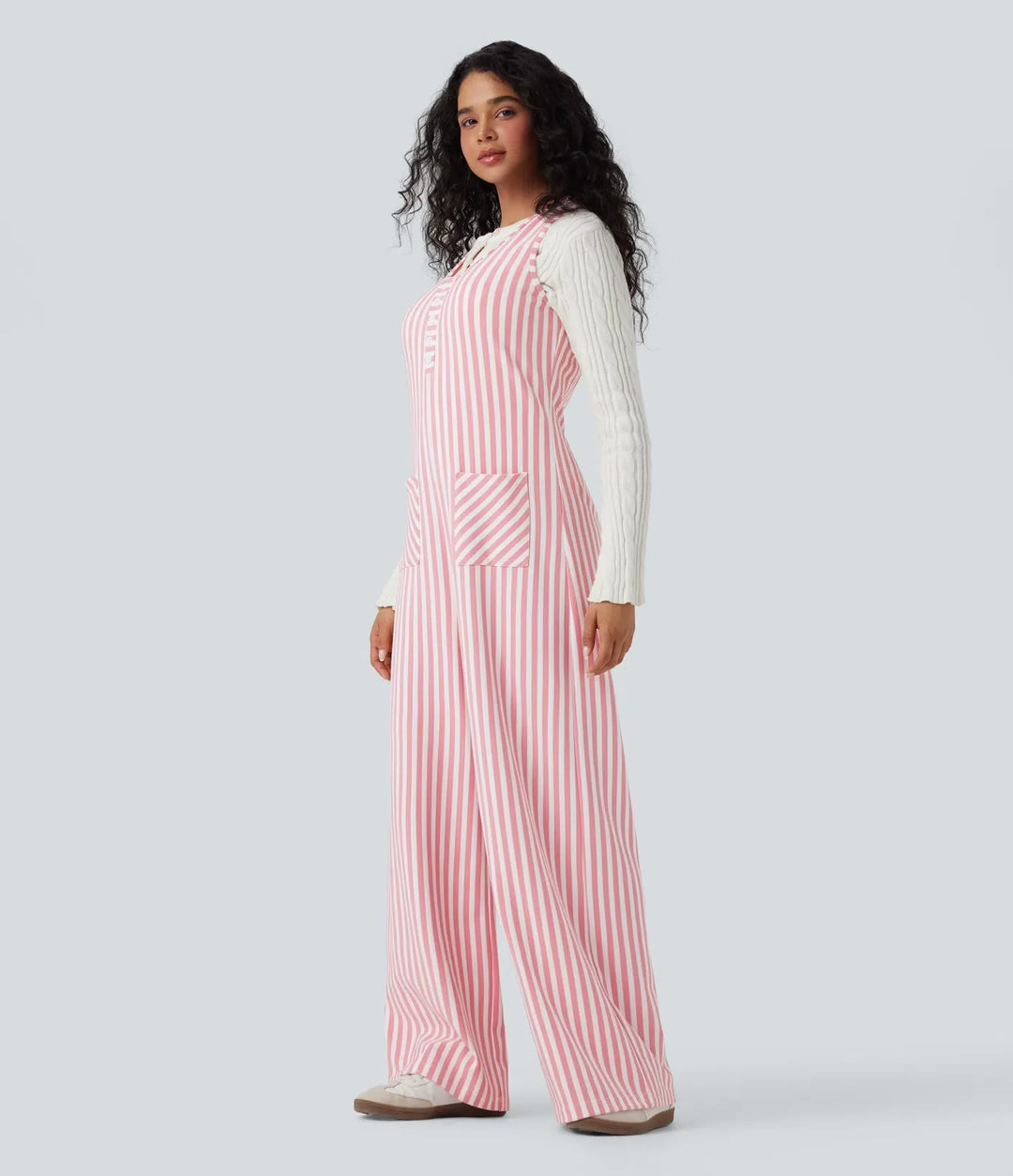 U-ringad ärmlös randig våffelstruktur vardaglig jumpsuit med fickor