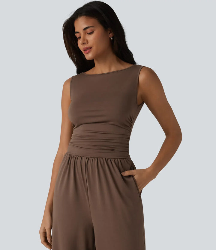 Båtringad ärmlös rynkat vida ben vardaglig jumpsuit med fickor-Easy Peezy Edition