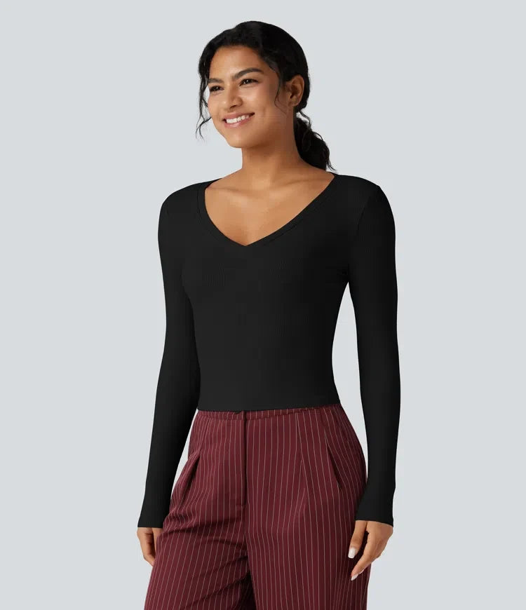 Ribbstickad V-ringad långärmad croppad T-shirt för arbete