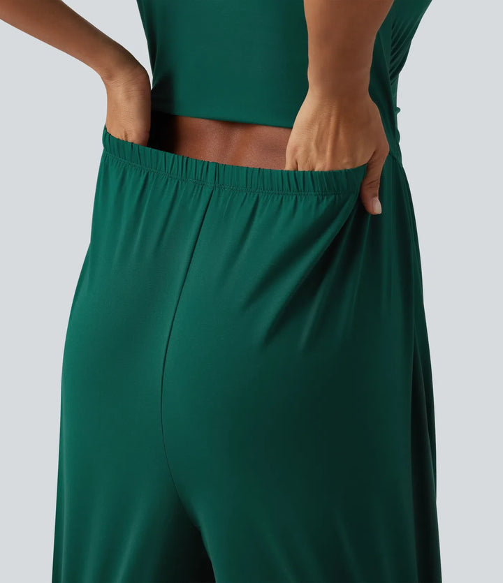 Fyrkantig halsringning kortärmad vida ben vardaglig jumpsuit med fickor - Easy Peezy Edition