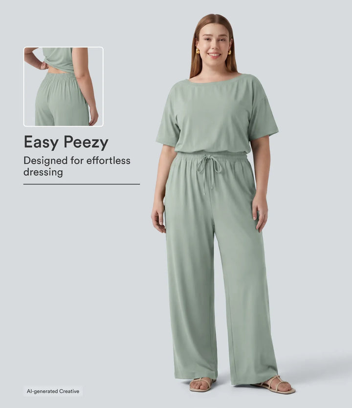 Plusstorlek båtringning kortärmad dragsko baggy jumpsuit för vardag med fickor – Easy Peezy-utgåva