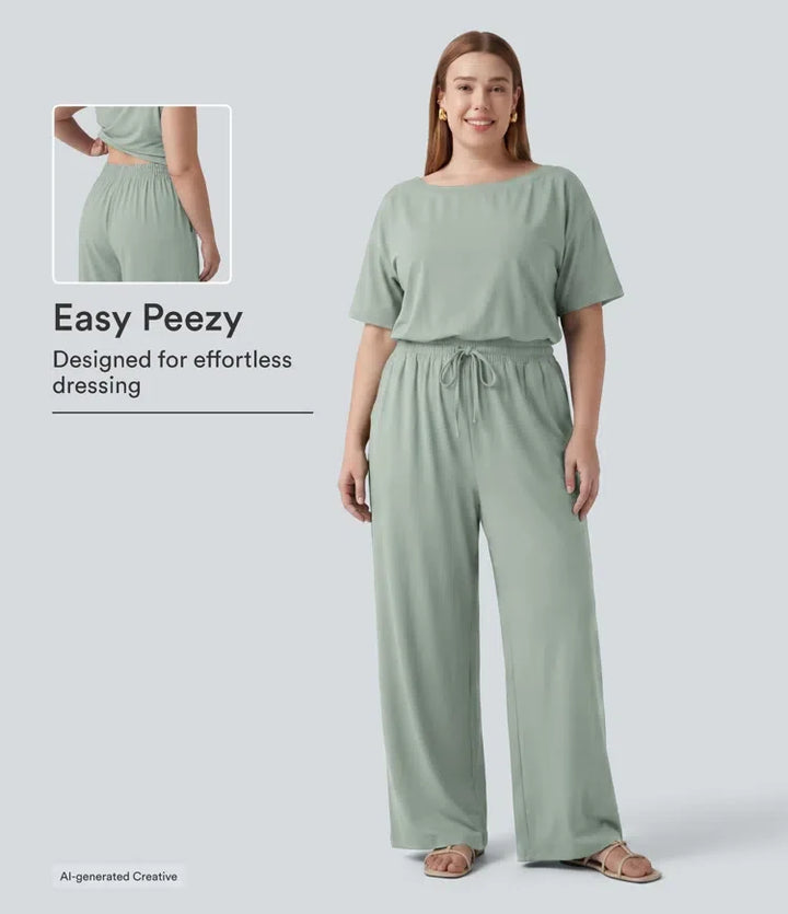 Plusstorlek båtringning kortärmad dragsko baggy jumpsuit för vardag med fickor – Easy Peezy-utgåva