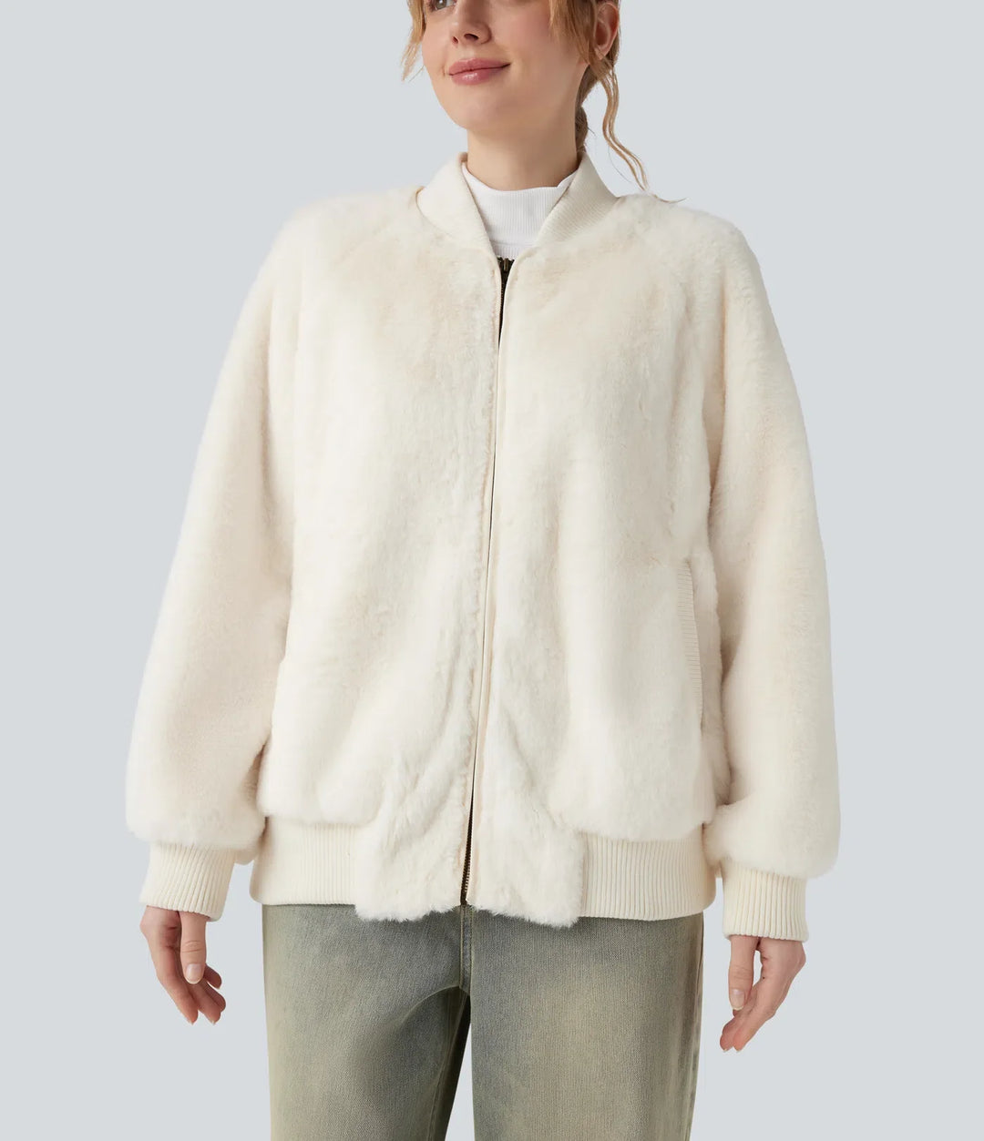 Dragkedja långärmad vardaglig sherpa bomber jacka med fickor