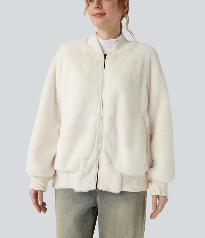 Dragkedja långärmad vardaglig sherpa bomber jacka med fickor
