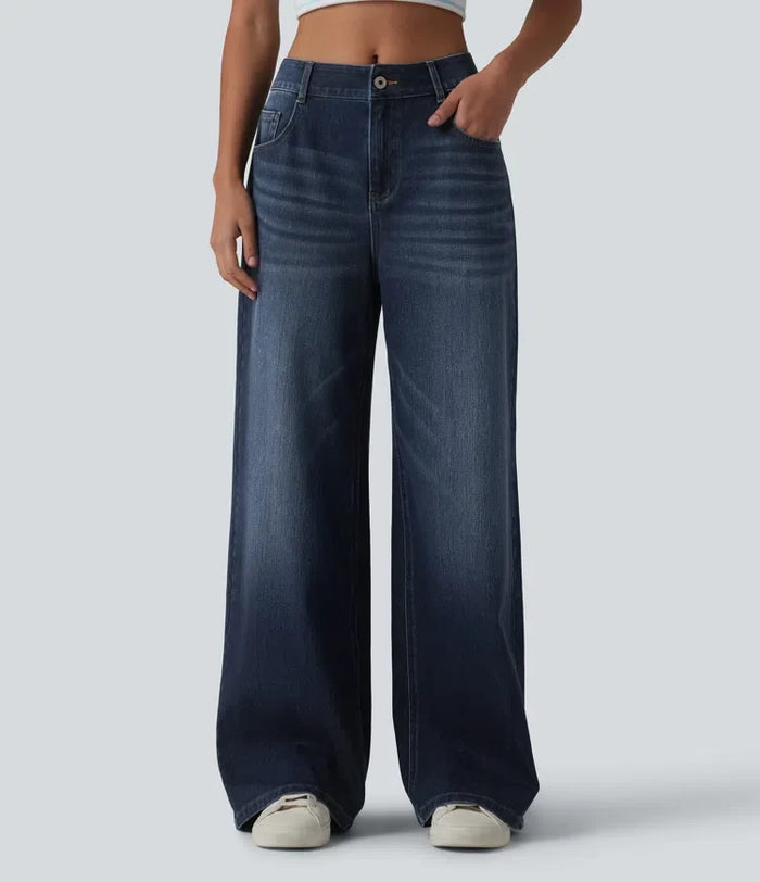 Lyckera Flex medelhög midja tvättad baggy vida ben vardagsjeans med fickor