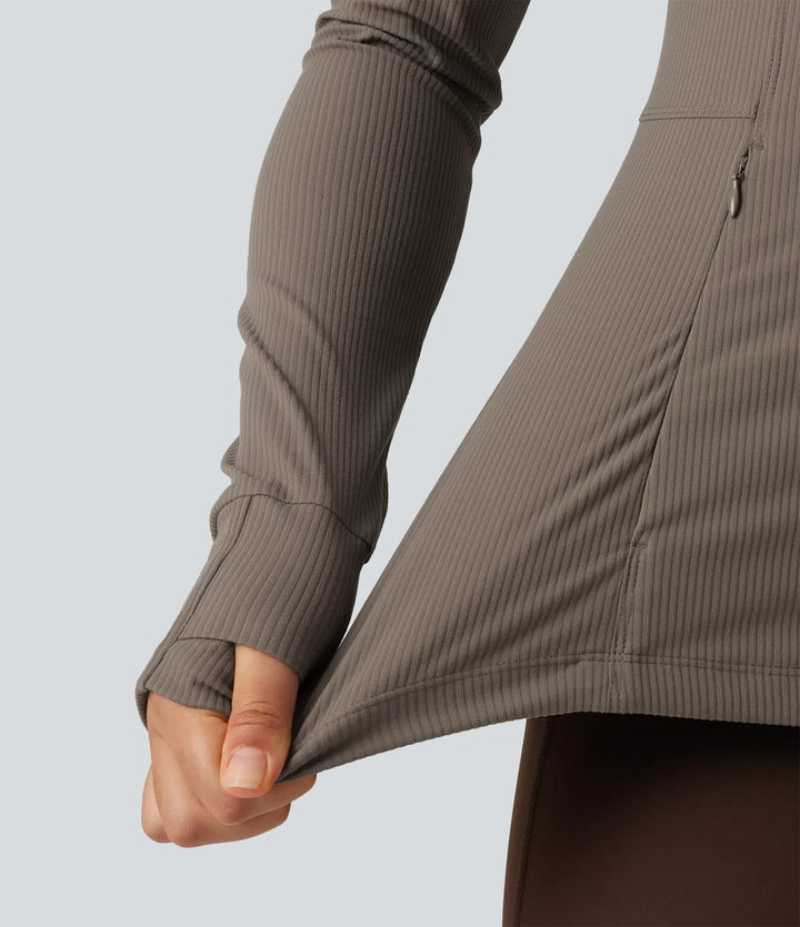 Ribbstickad ståkrage långärmad tumhål yogajacka med fickor