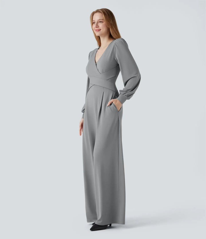 V-ringad lång puffärm crossover arbetsjumpsuit med fickor-Easy Peezy