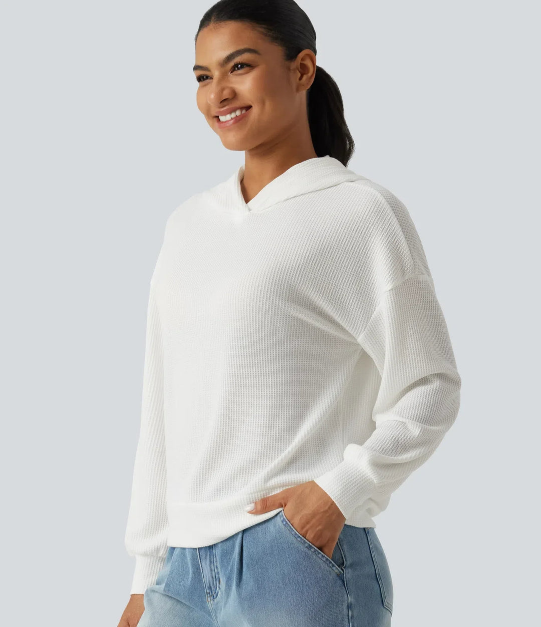 Med huva nedhasad axel långärmad våffelstruktur vardaglig sweatshirt