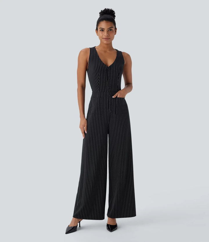 V-ringad ärmlös skuren-ut fickor vida ben randig InstantCool arbetsjumpsuit
