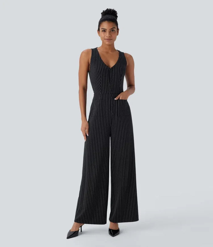 V-ringad ärmlös skuren-ut fickor vida ben randig InstantCool arbetsjumpsuit
