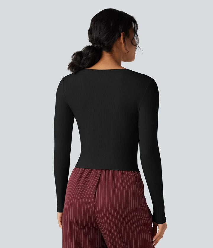 Ribbstickad V-ringning långärmad kort T-shirt för arbete