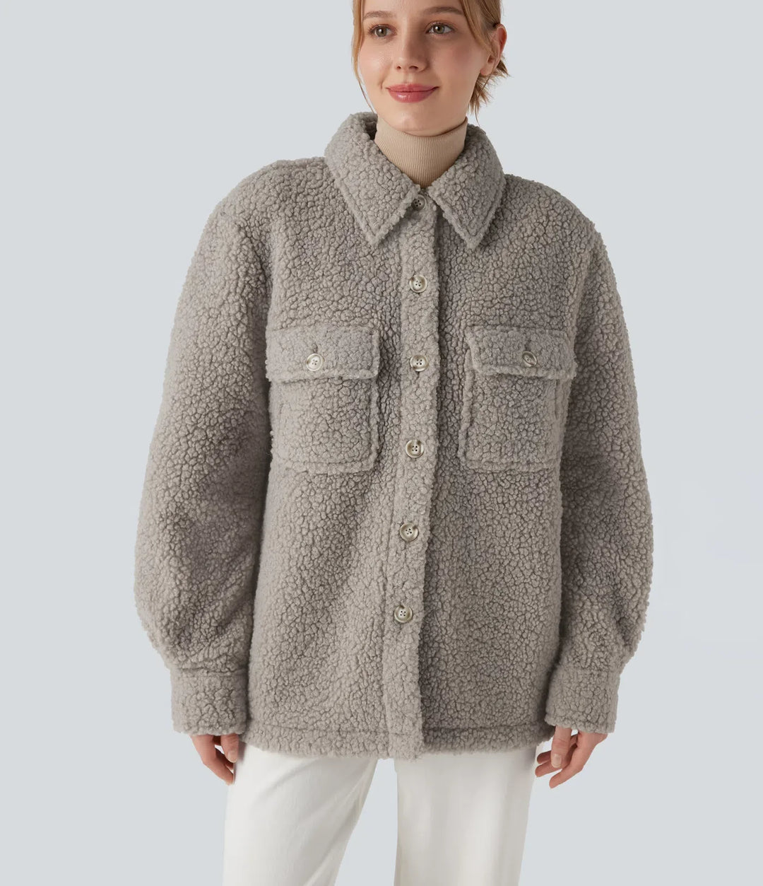 Långärmad vardaglig sherpajacka med fickor